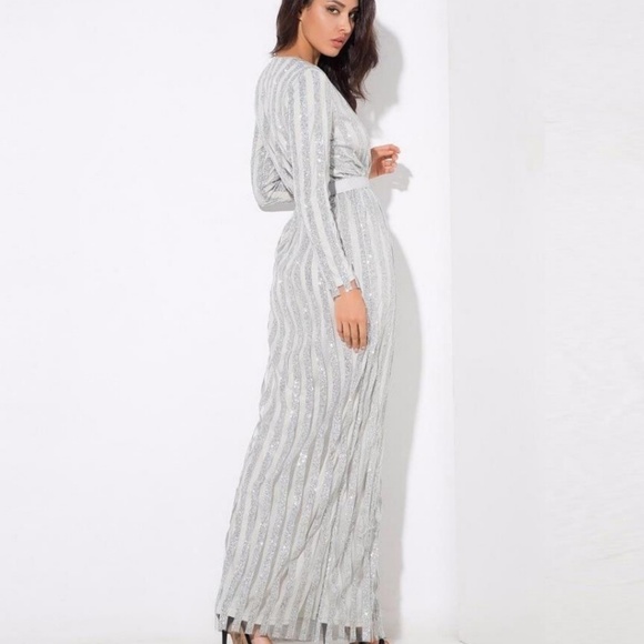 Long maxi dress long sleeve silver sparkly evening - Picture 4 of 4